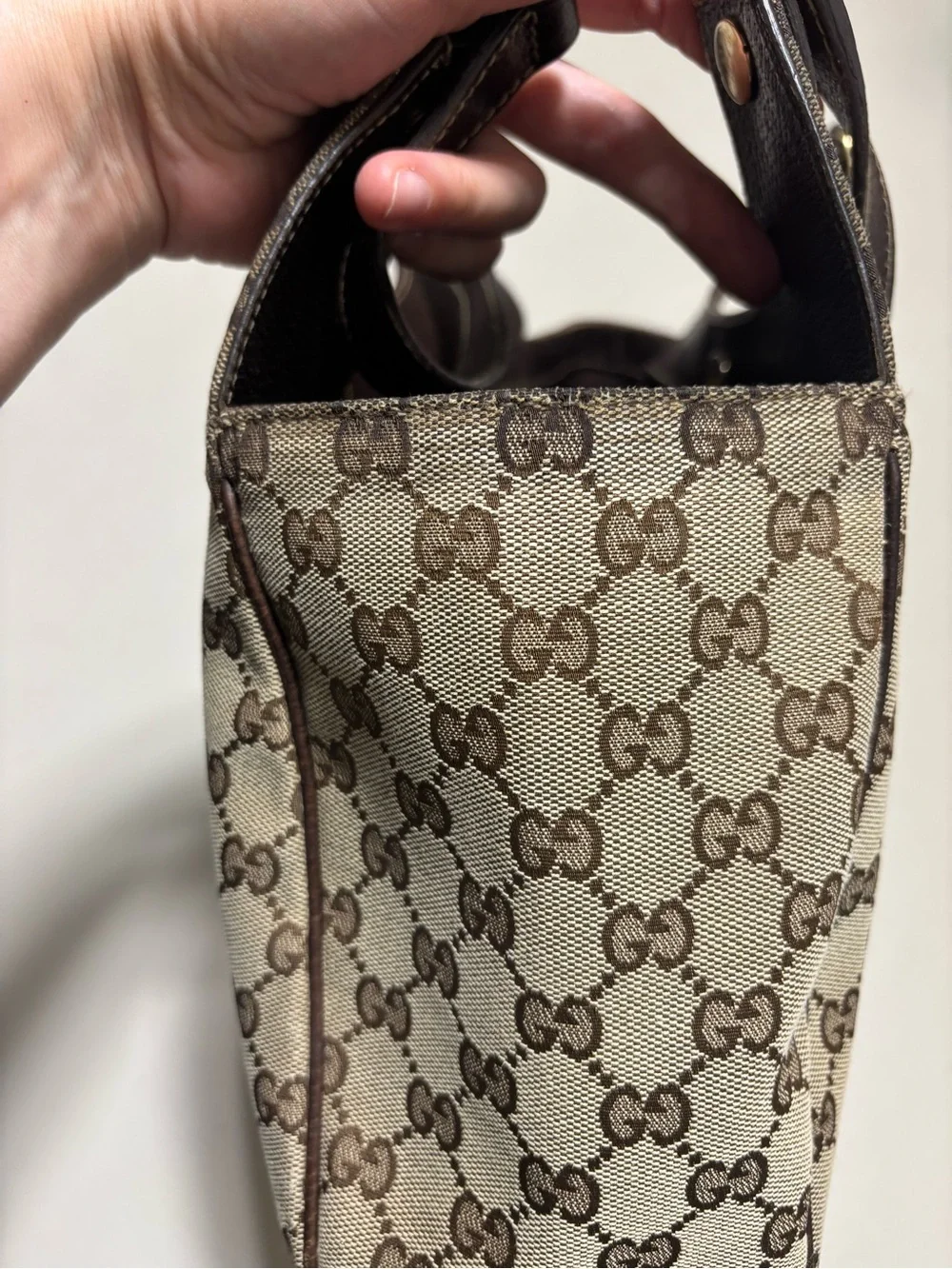 Gucci Beige/Brown Monogram Canvas Shoulder Bag with Dark Brown Trim